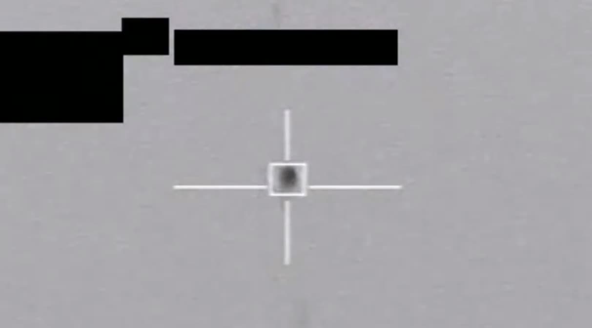 Declassified U.S. Department of War infrared targeting-pod frame of the octagonal object moments before being struck by an AIM-9X Sidewinder over Lake Huron, February 12, 2023